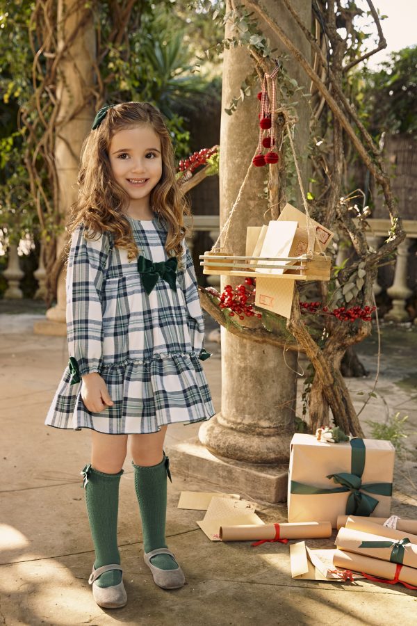 Vestido Niña 2 Volantes Cuadros Lazo Terciopelo Juliana 25660 - Imagen 2